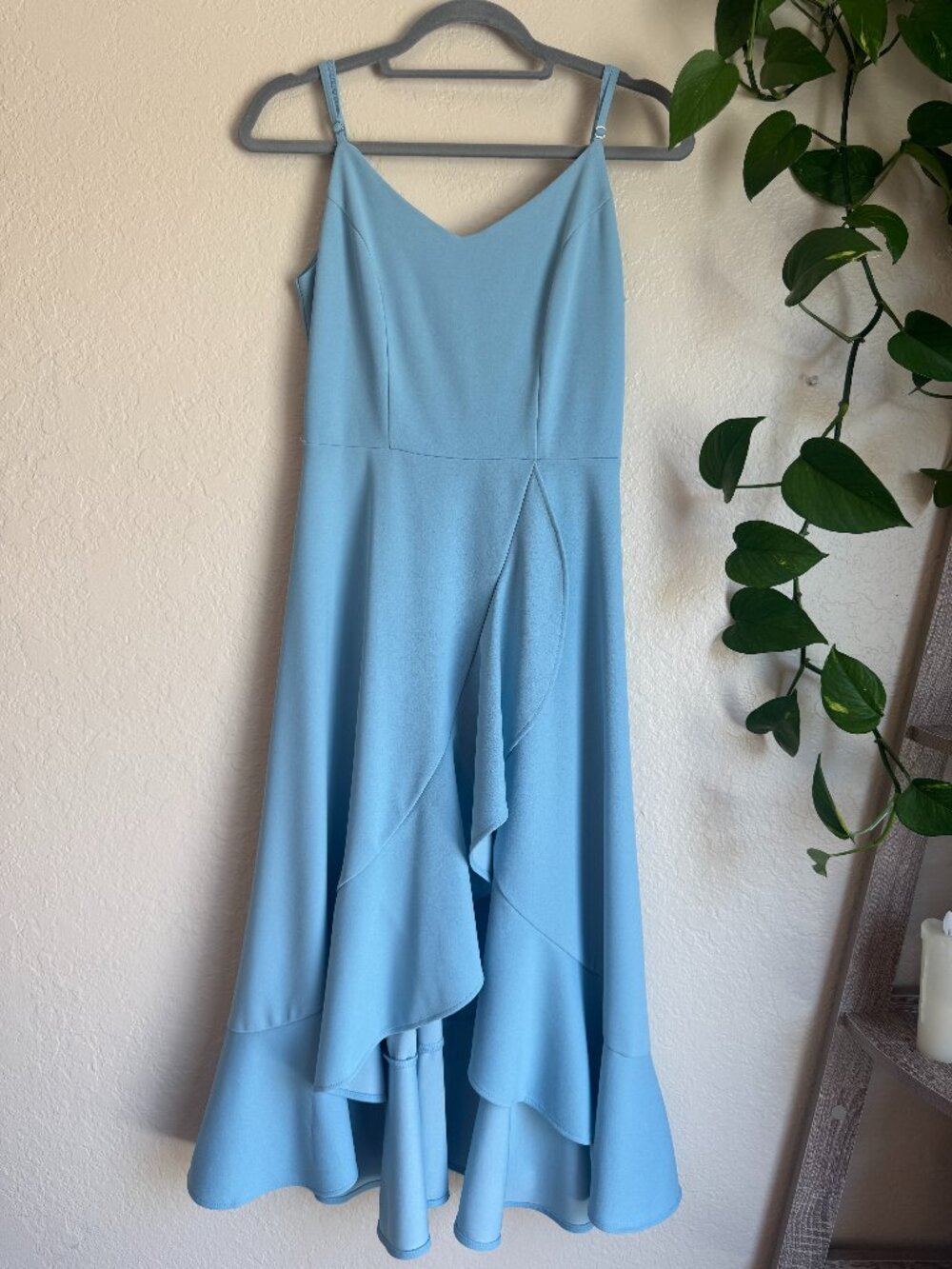 DRESSTELLS Dusty Blue Ruffle Maxi Dress Small Spaghetti Strap Formal Wedding